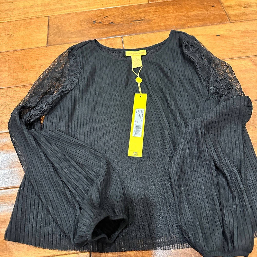 Catherine Malandrino Black Textured Blouse with Lace Sleeves